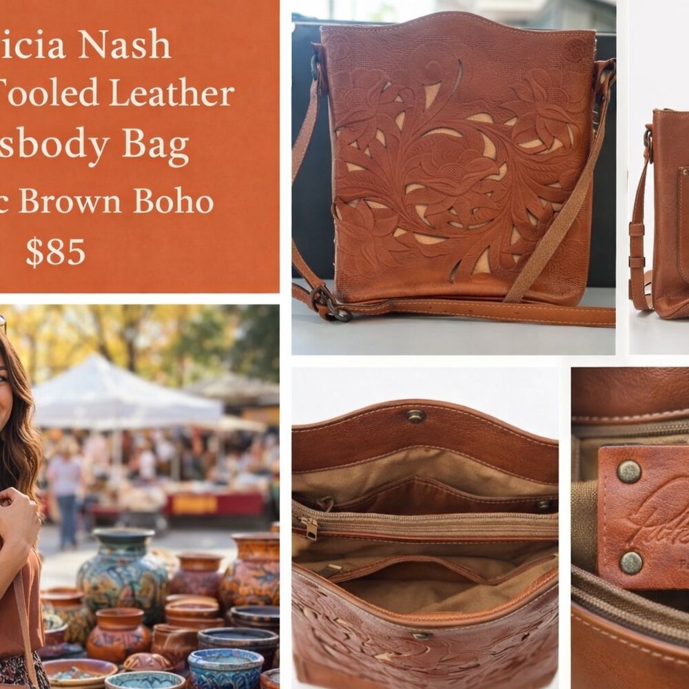 Patricia Nash Floral Tooled Leather Crossbody Bag Cognac Brown Boho